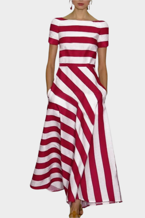 Elegante vestido largo con rayas y mangas cortas