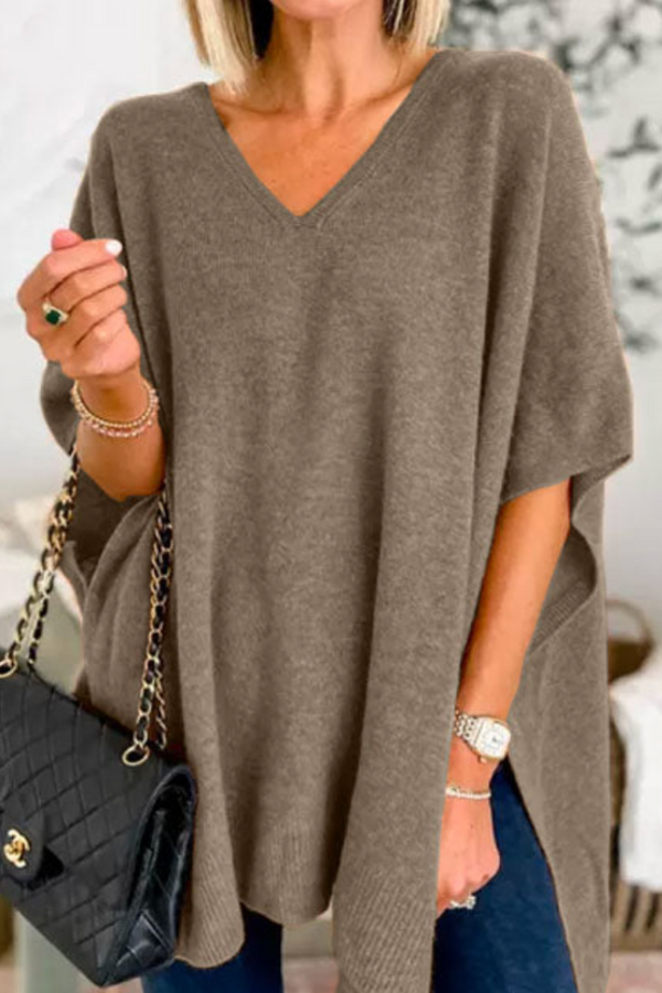 Erica - Suéter tipo poncho holgado de color liso con cuello en V