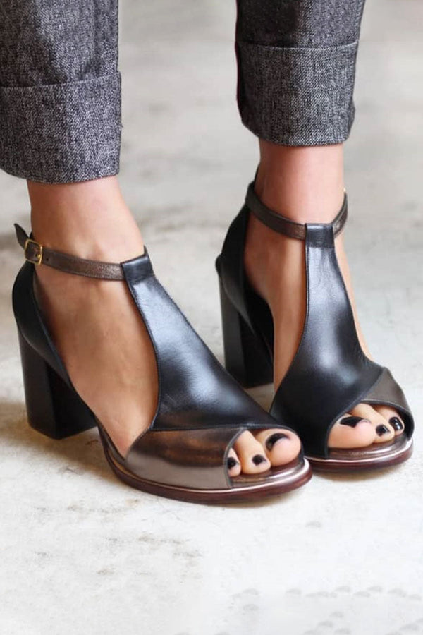 Anyao™ | Tacones negros de punta abierta con patchwork