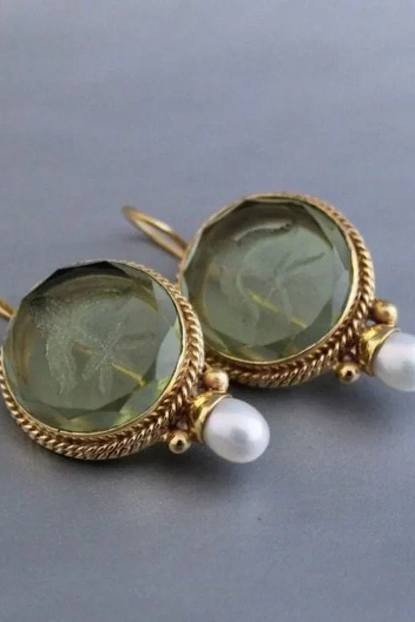 Pendientes antiguos de perla verde redonda | Oro blanco