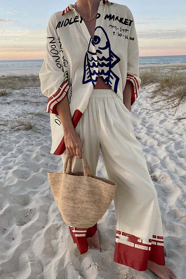 Rounelle™ | Conjunto completo de lino con estampado de peces azules