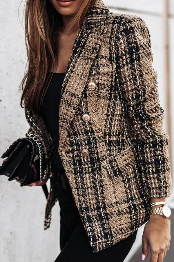 Avery™ - Blazer cruzado de primavera con estampado de cuadros modernos