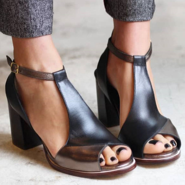 Anyao™ | Tacones negros de punta abierta con patchwork