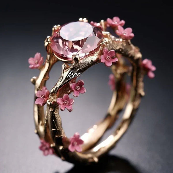 Elegante anillo de cristal rosa con flor | Oro