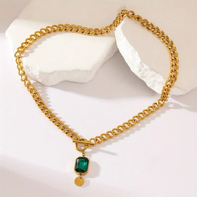 Collar con colgante de esmeralda de cadena gruesa | Oro