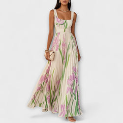 Penélope™ | Vestido largo de gasa con flores plisadas