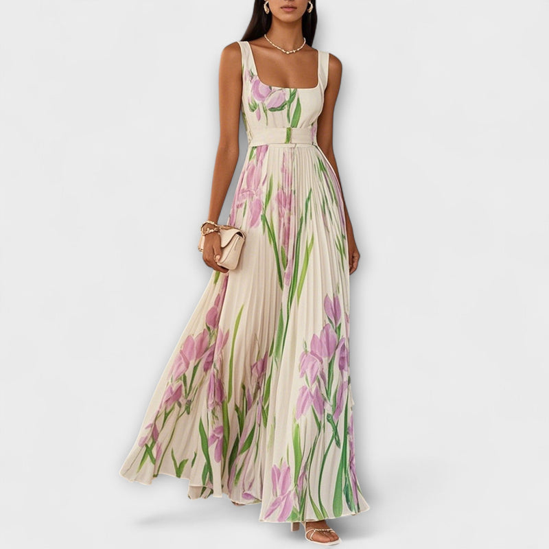 Penélope™ | Vestido largo de gasa con flores plisadas