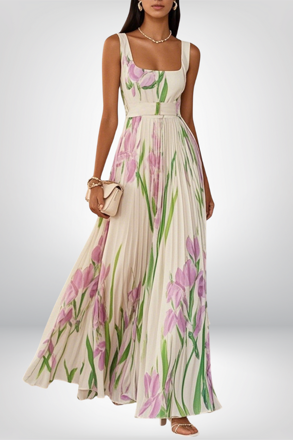 Penélope™ | Vestido largo de gasa con flores plisadas