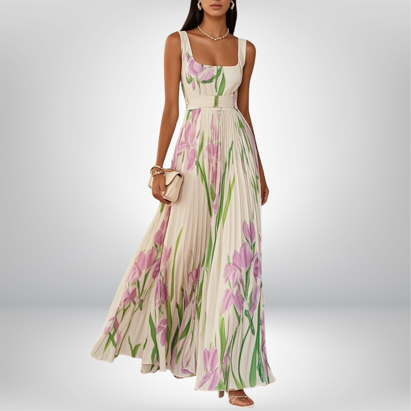 Penélope™ | Vestido largo de gasa con flores plisadas