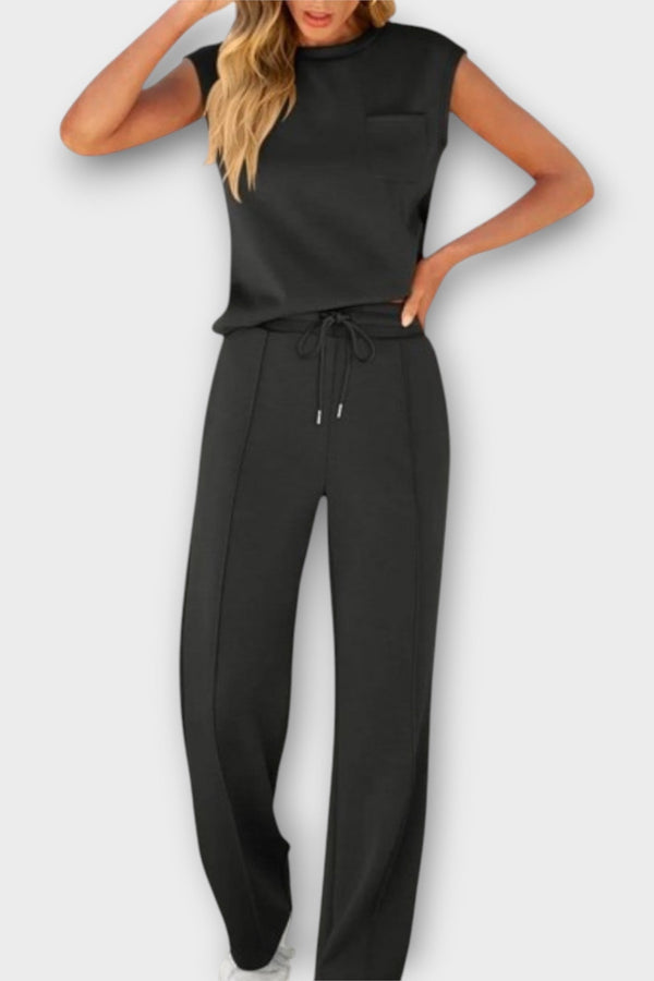 Conjunto de blusa y pantalón sin mangas con cordón