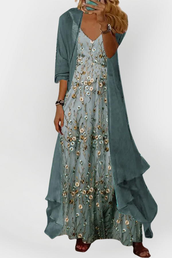 Vestido largo con cárdigan (conjunto de 2 piezas)