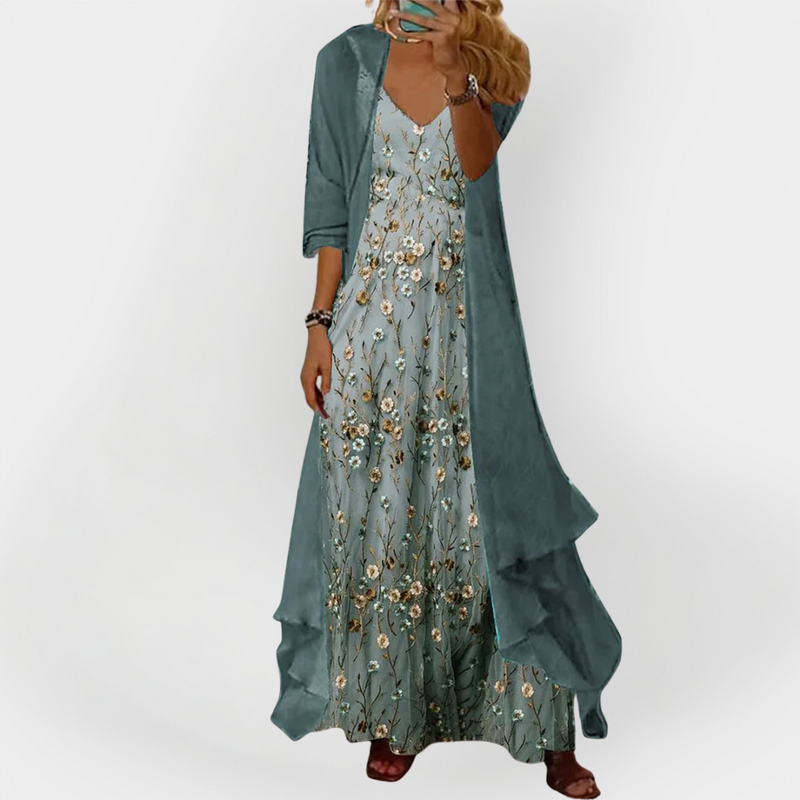 Vestido largo con cárdigan (conjunto de 2 piezas)