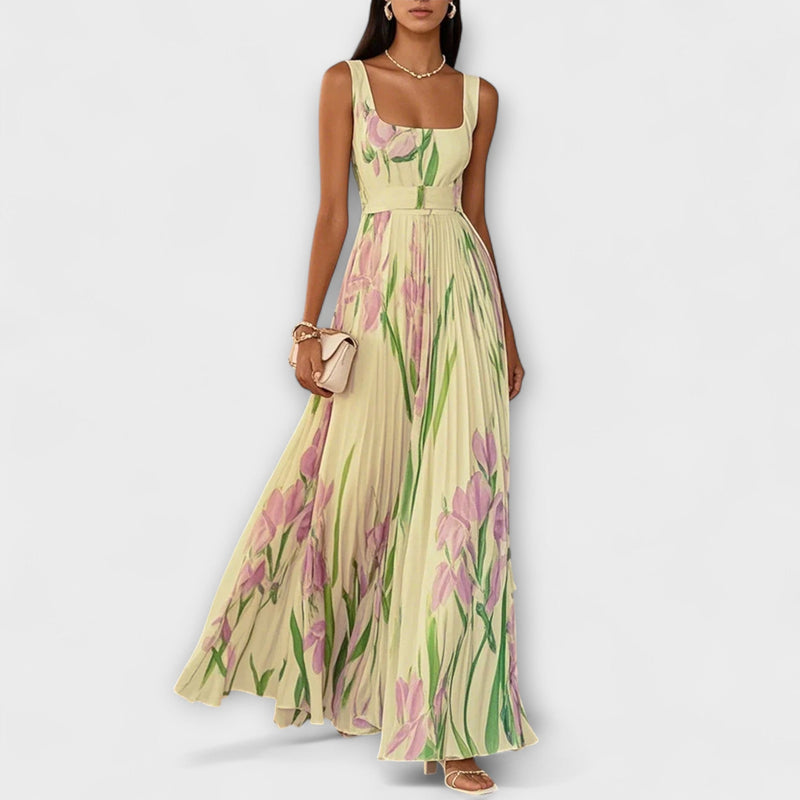 Penélope™ | Vestido largo de gasa con flores plisadas