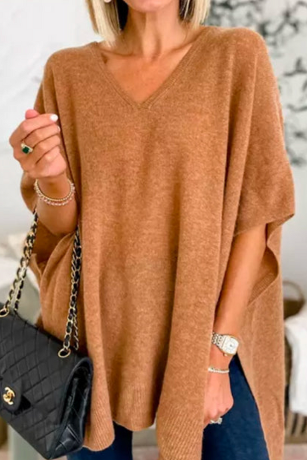 Erica - Suéter tipo poncho holgado de color liso con cuello en V 