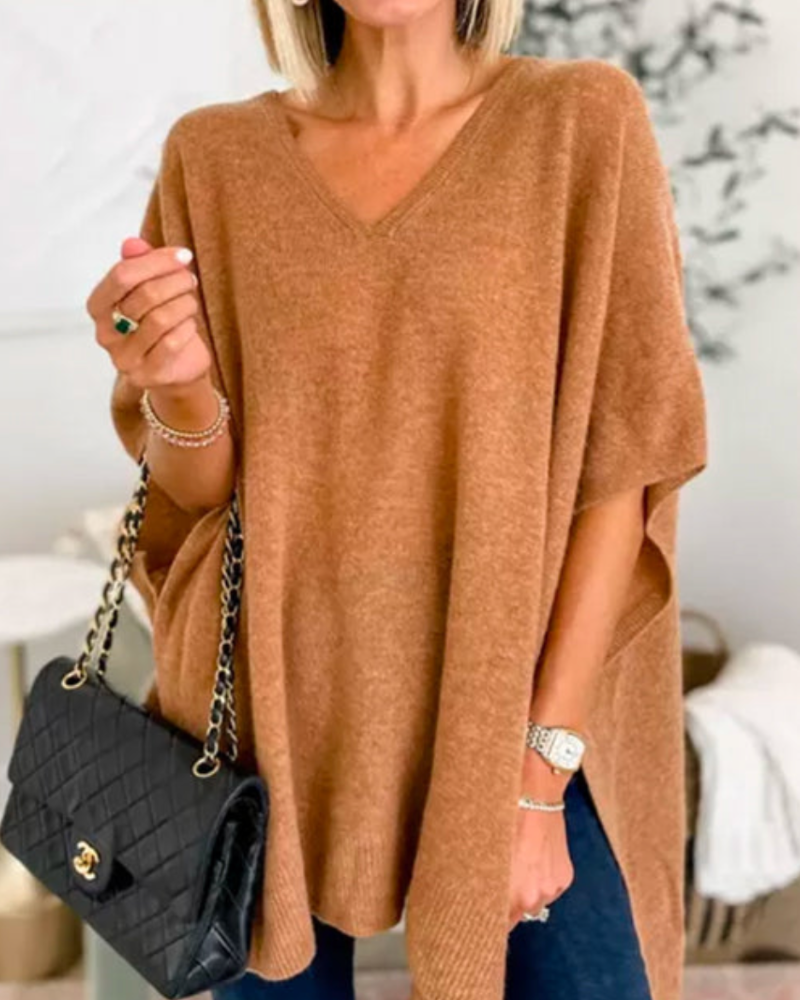 Erica - Suéter tipo poncho holgado de color liso con cuello en V 