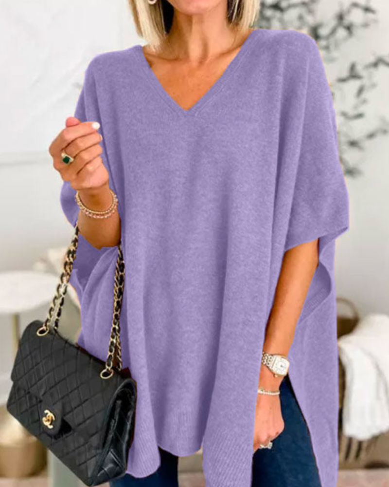 Erica - Suéter tipo poncho holgado de color liso con cuello en V 