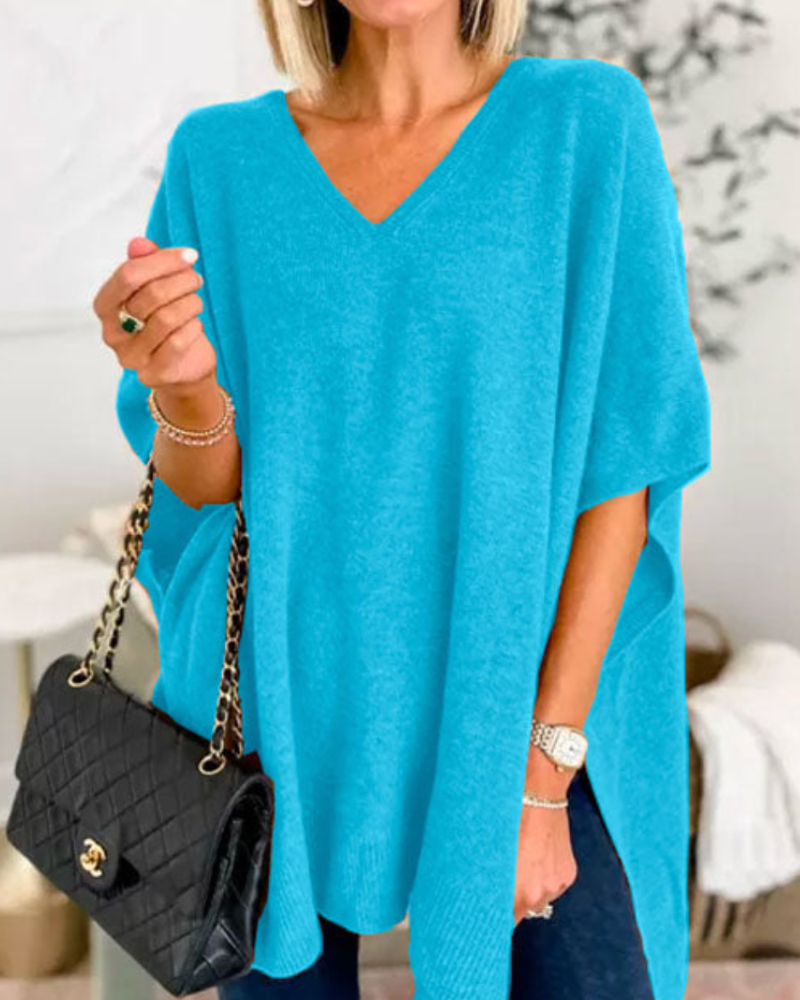 Erica - Suéter tipo poncho holgado de color liso con cuello en V 