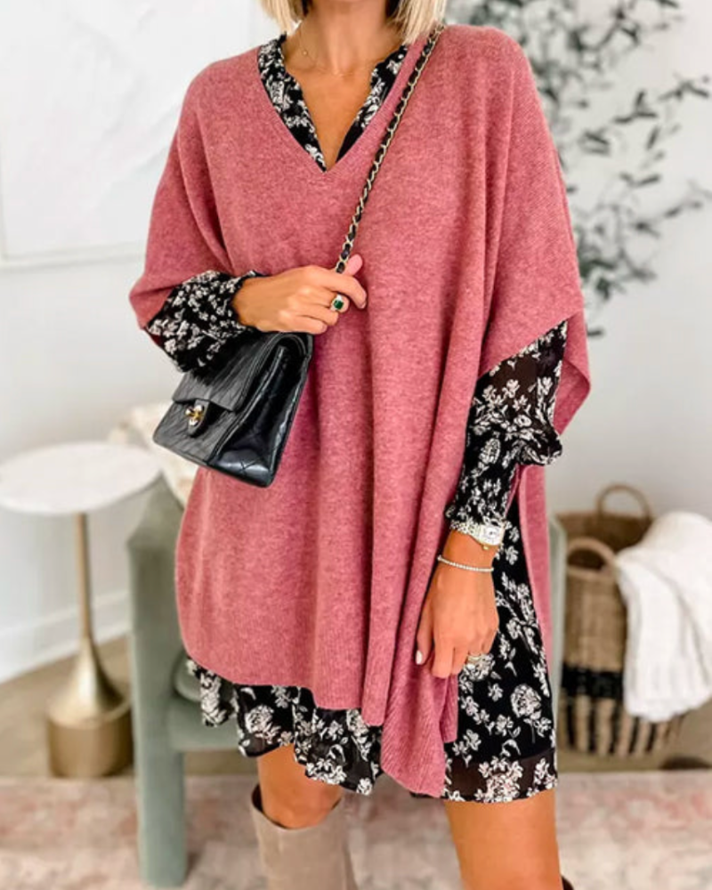 Erica - Suéter tipo poncho holgado de color liso con cuello en V 