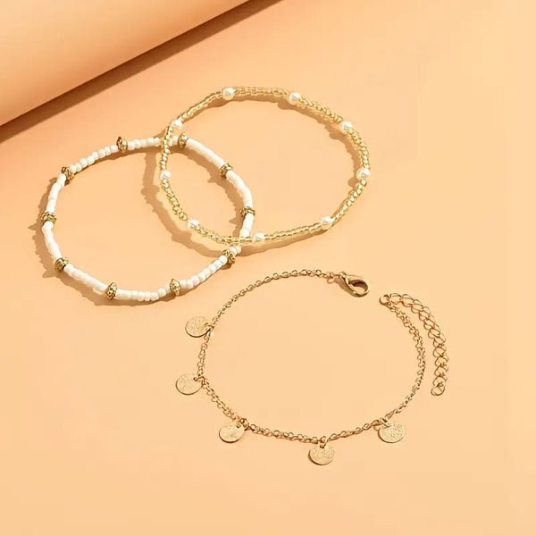 Conjunto de 3 tobilleras con capas Coastal Charm | Dorado