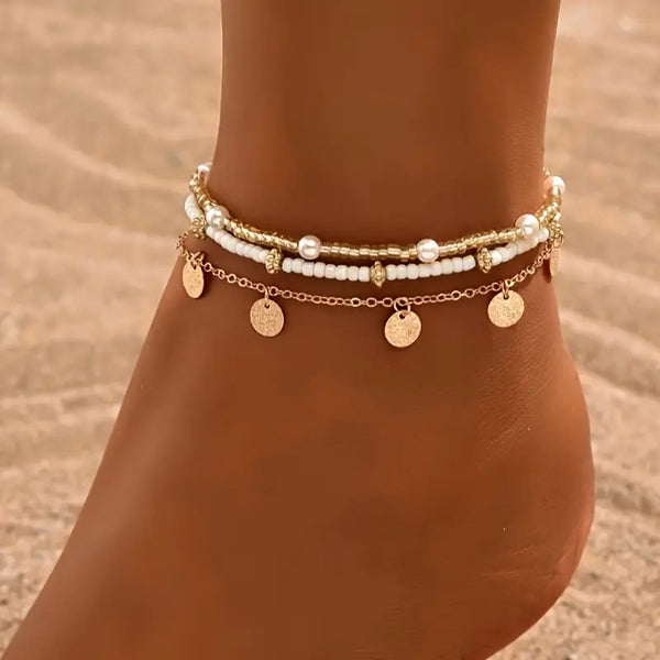 Conjunto de 3 tobilleras con capas Coastal Charm | Dorado