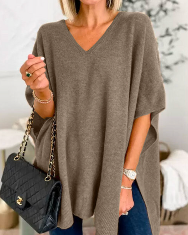Erica - Suéter tipo poncho holgado de color liso con cuello en V 