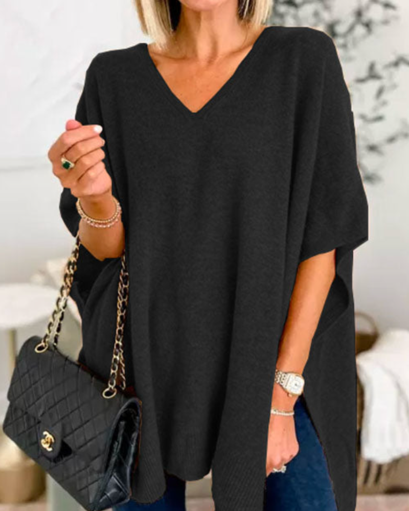 Erica - Suéter tipo poncho holgado de color liso con cuello en V 