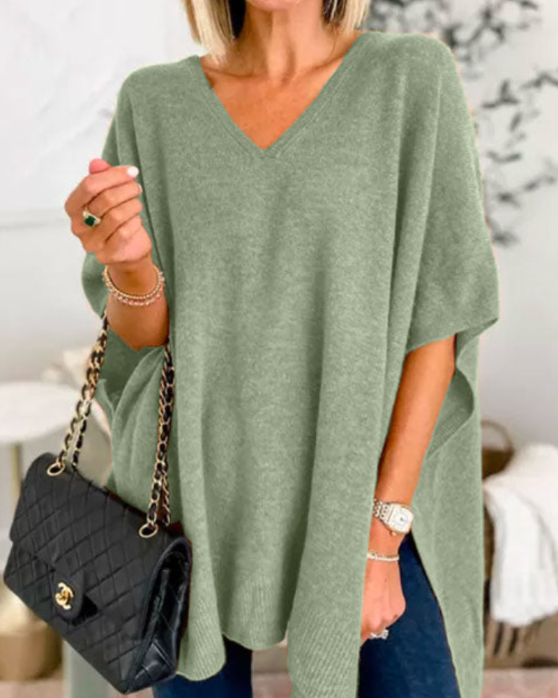Erica - Suéter tipo poncho holgado de color liso con cuello en V 
