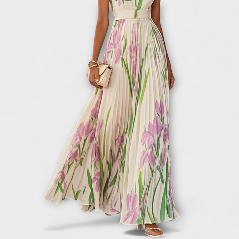 Penélope™ | Vestido largo de gasa con flores plisadas