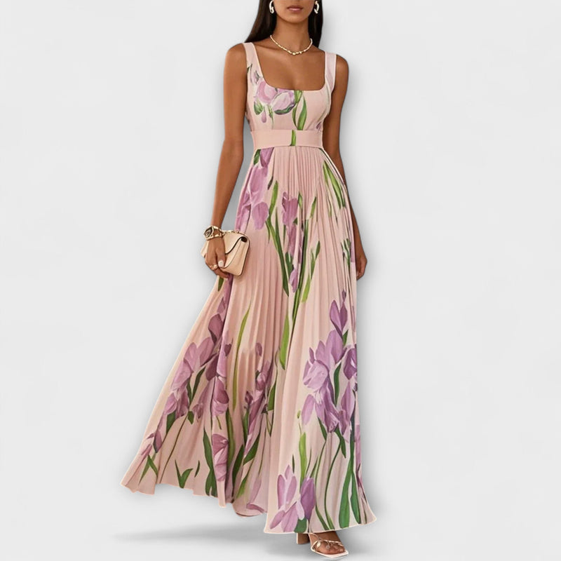 Penélope™ | Vestido largo de gasa con flores plisadas