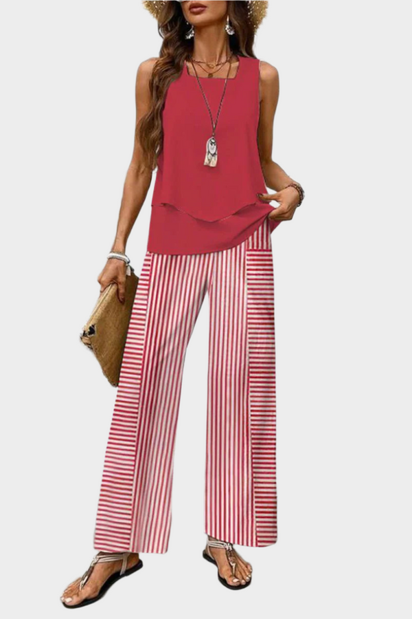 Conjunto de verano con top sin mangas y pantalón con estampado de hojas