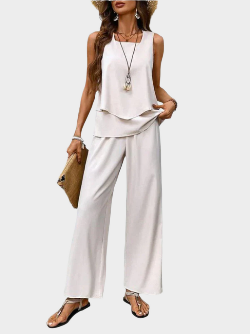 Conjunto de verano con top sin mangas y pantalón con estampado de hojas