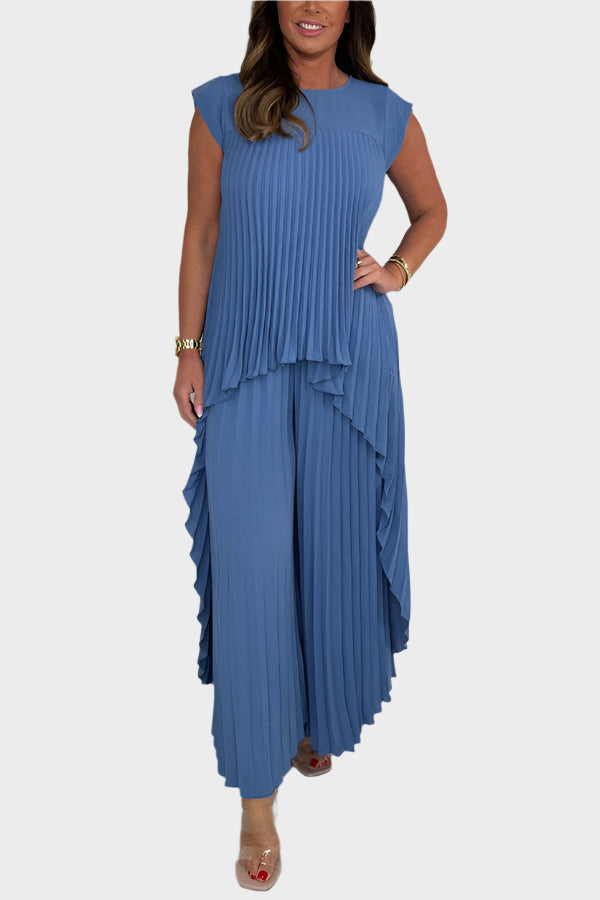 Conjunto de top plisado de manga corta y largo midi irregular, pantalón ancho con cintura elástica