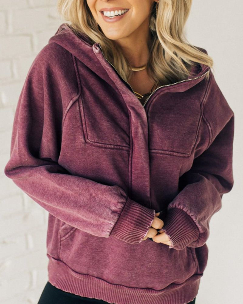 Nalas - Sudadera con capucha de polar con lavado ácido y cremallera Henley 