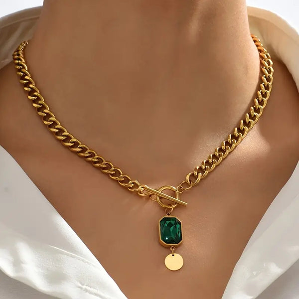 Collar con colgante de esmeralda de cadena gruesa | Oro