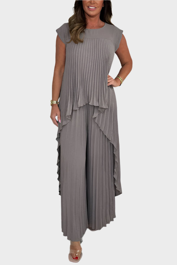 Conjunto de top plisado de manga corta y largo midi irregular, pantalón ancho con cintura elástica