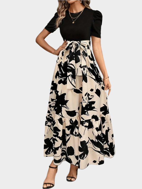 Vestido floral con cintura alta y estampado de rayas