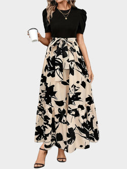 Vestido floral con cintura alta y estampado de rayas