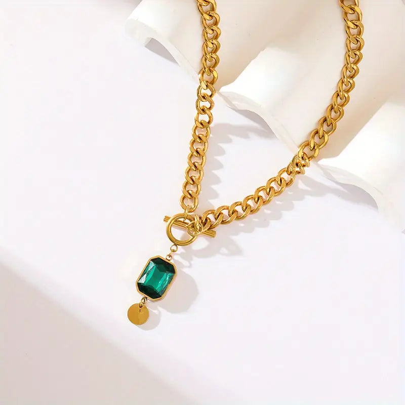 Collar con colgante de esmeralda de cadena gruesa | Oro