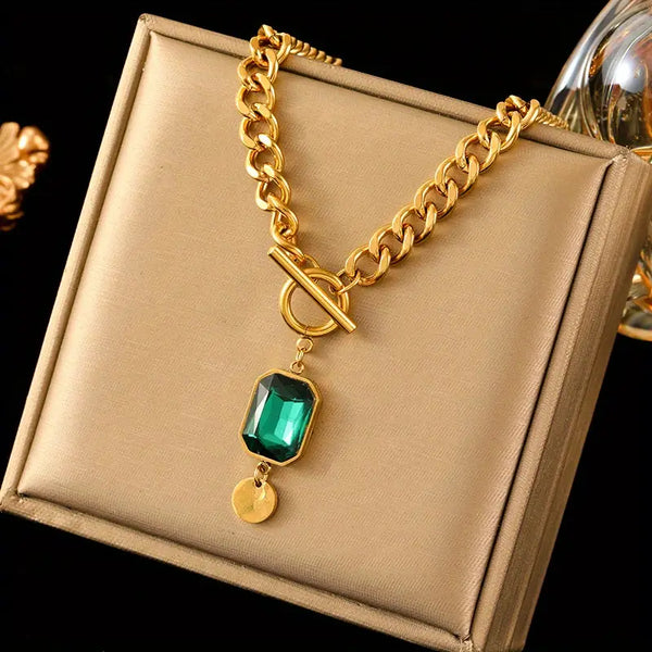 Collar con colgante de esmeralda de cadena gruesa | Oro