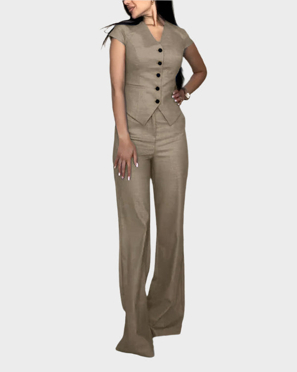 Conjunto de top y pantalón con cuello en V