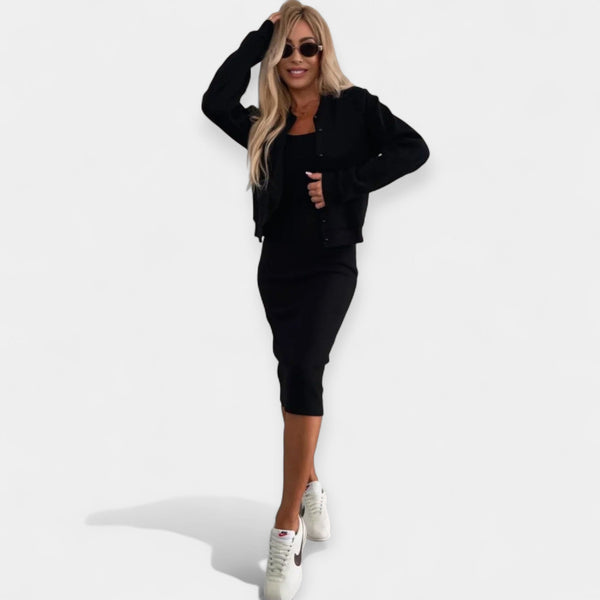 Conjunto de vestido midi con chaqueta bomber