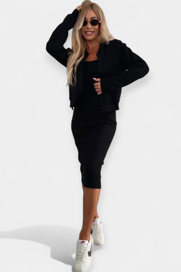 Conjunto de vestido midi con chaqueta bomber