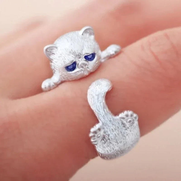 Anillo ajustable de gatito en plata de ley 925 | Oro blanco