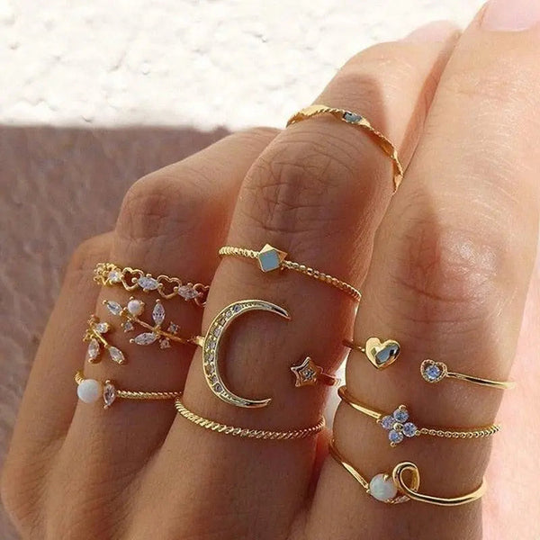 Paquete de 10 anillos bohemios chapados en oro y plata