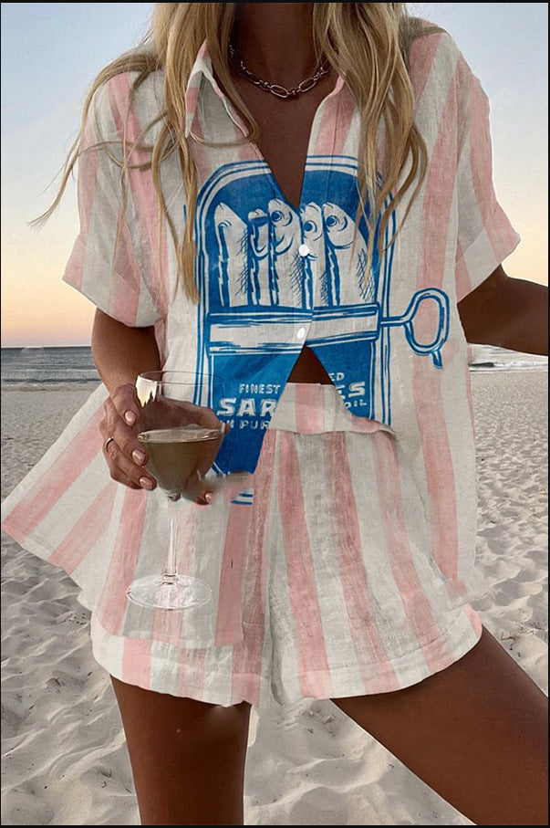 Silava™ | Conjunto corto de lino con estampado de sardinas 