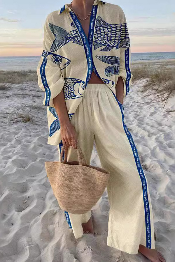 Yazette™ | Conjunto de lino con estampado de peces azules 