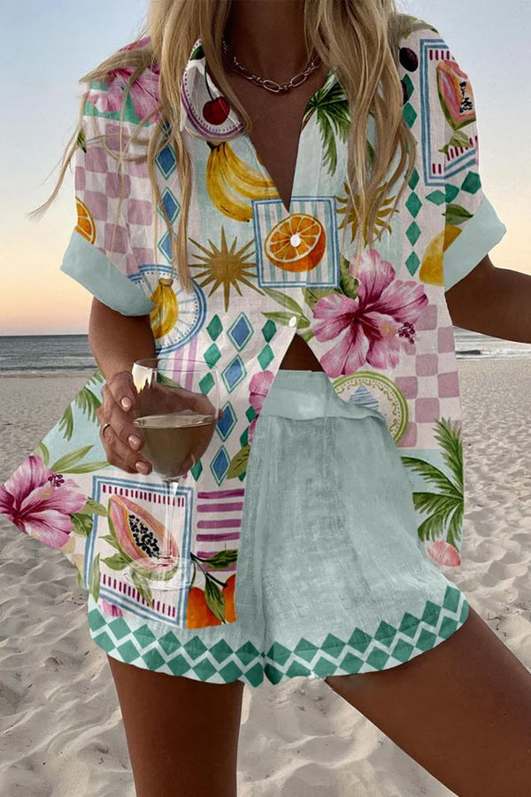 Maevin™ | Conjunto corto de lino con estampado de frutas 