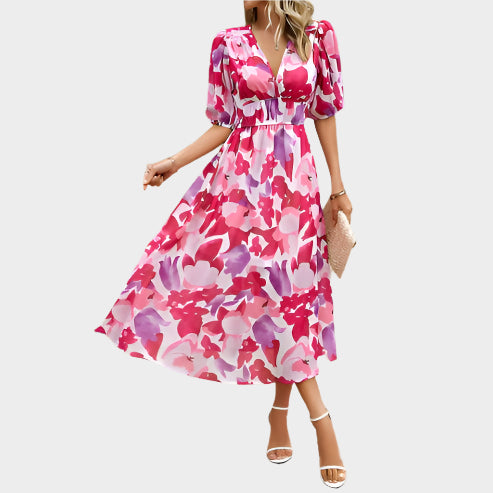 Elegante vestido midi con mangas abullonadas