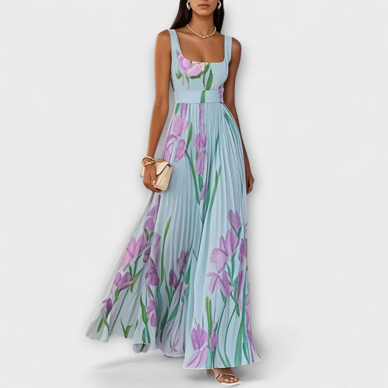 Penélope™ | Vestido largo de gasa con flores plisadas