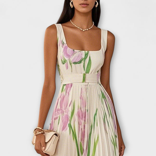 Penélope™ | Vestido largo de gasa con flores plisadas